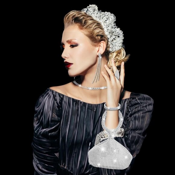 Jewelry Set Silver Rhinestone Purse Necklace Earrings Bracelet Ring Women - Picture 6 of 6